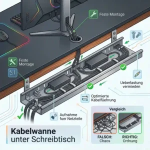 A schematic drawing showing how to install a cable tray under a desk for efficient gaming setup kabelmanagement.