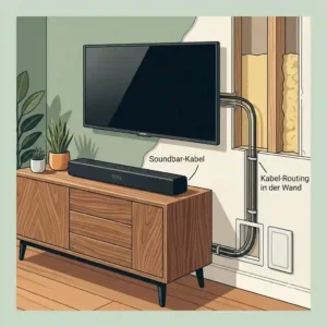 Step-by-step cross-section view of in wall soundbar cable routing with drywall tools.