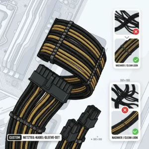 Detailaufnahme von Acryl-Kabelkämmen, die die einzelnen Adern eines PC-Kabel-Sleeve-Sets für perfektes Kabelmanagement parallel halten.
