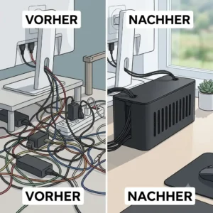 Vorher-Nachher-Vergleich: Kabelchaos am PC Schreibtisch gelöst mit einer PC Kabelbox mit Belüftung.