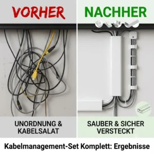 Before and after comparison of messy wires and neatly organized cables using the tv kabelhalter set komplett.