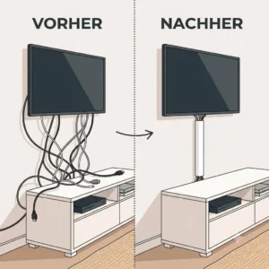 Before-and-after comparison of cable chaos at a TV and neatly sorted cables in a TV Kabelschutz Schlauch.