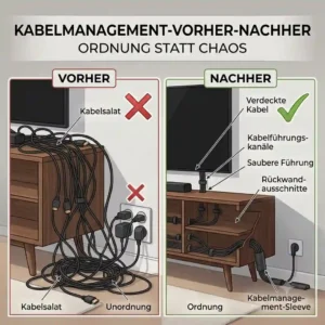 Before and after comparison of a tv stand kabelmanagement system.