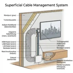 Minimalist illustration of a white surface cable channel solution for a tv wandhalter kabel unsichtbar setup.