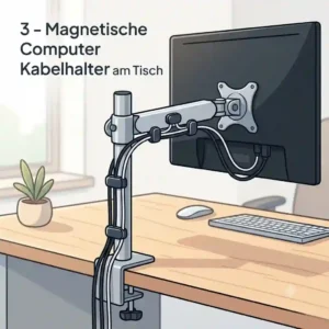 Magnetic computer kabelhalter tisch dots securing cables neatly along a monitor arm.