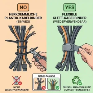 Illustration demonstrating the use of reusable Velcro ties versus one-time plastic ties for gaming setup kabelmanagement.
