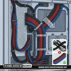 Vorher-Nachher-Vergleich von standardmäßigen schwarzen Netzteilkabeln im Vergleich zu einem ordentlich verlegten, farbigen PC-Kabel-Sleeve-Set.