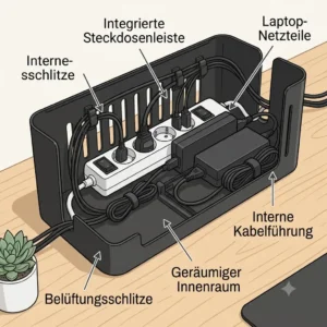 Innenansicht einer geräumigen PC Kabelbox mit Belüftung mit integrierter Steckdosenleiste und Netzteilen.