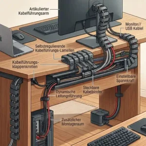 Illustration 3 showing a pc kabelkanal hinter schreibtisch holding a power strip and heavy power adapters securely.