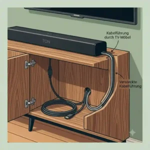 Detailed view of soundbar cable hidden in furniture, routed through a media console back panel.