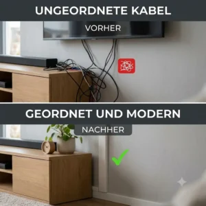 Before and after comparison from cable clutter to an organized, modern TV cable cover.