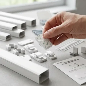 Easy installation process showing the self-adhesive backing of the clips from the tv kabelhalter set komplett.