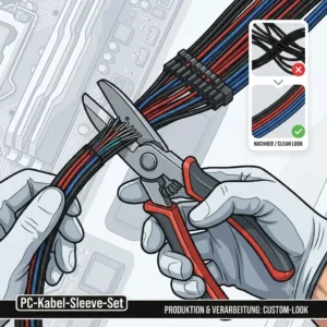 Verschiedene PC-Kabel-Sleeve-Sets in Rot, Blau, Grün und RGB-Varianten nebeneinander aufgereiht.