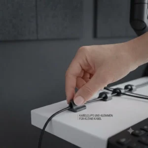Adhesive cable clips managing small wires on a gaming schreibtisch kabelsystem.