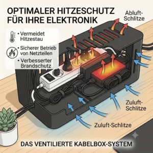 Infografik zum Luftstrom und Hitzeschutz einer PC Kabelbox mit Belüftung.