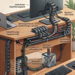 Illustration 4 showing a before and after comparison of cable clutter resolved by a pc kabelkanal hinter schreibtisch.