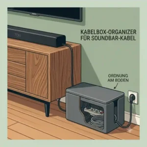 A cable management box on the floor hiding power strips and excess soundbar cable organizer box.