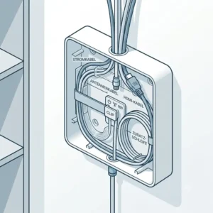 Close-up of the internal cable management inside a tv kabel box wandmontage.
