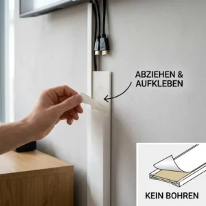 Illustration of the easy installation of a self-adhesive modern TV cable cover without drilling.
