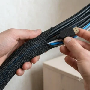 Illustration of how an HDMI cable is guided sideways out of the TV Kabelschutz Schlauch.