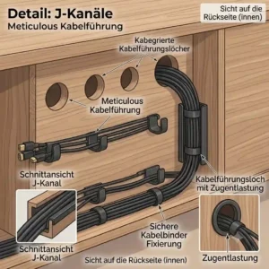 Close-up illustration of hidden wire routing channels in a tv stand kabelmanagement system.
