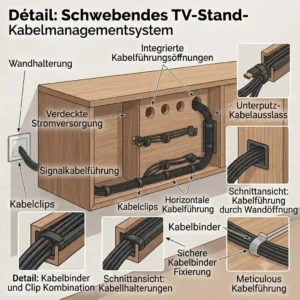 Floating wooden tv stand kabelmanagement system setup.