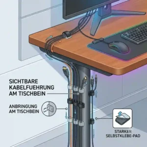 Illustration of small, self-adhesive clips guiding single cables neatly along a desk leg for discrete gaming setup kabelmanagement.