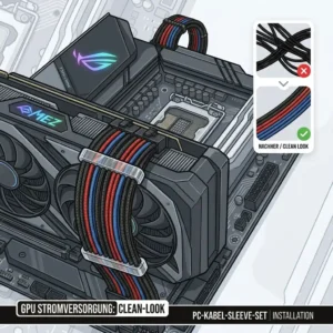 Illustration zur Installation eines PC-Kabel-Sleeve-Sets an den Stromanschlüssen einer modernen Grafikkarte.