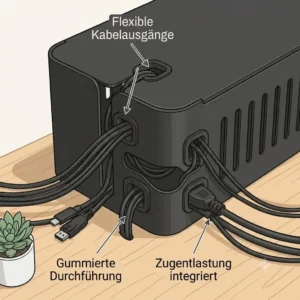 Seitliche Öffnungen einer belüfteten PC Kabelbox mit Belüftung für flexible Kabelführung.