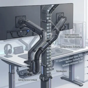 Flexible cable spine serving as pc kabelmanagement ideen 2026 for height-adjustable standing desks.