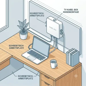 A tv kabel box wandmontage unit utilized in an organized home office workspace.