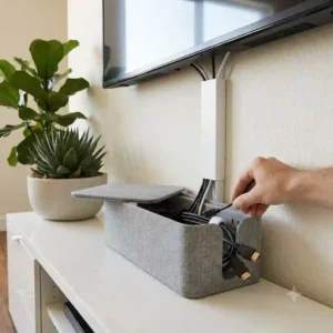A stylish tv stand with cable management featuring internal cable routing.