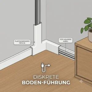 Discreet, modern TV cable cover for the corner for clean cable routing along the floor.