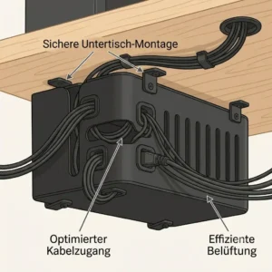 Unterm Schreibtisch montierte PC Kabelbox mit Belüftung für einen aufgeräumten Gaming-Arbeitsplatz.