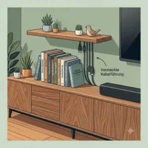 Creative soundbar cable decor concealment hiding wires behind books and plants on a shelf.