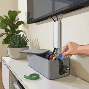 A hand adjusting tv cable ties velcro no drilling to secure cables.