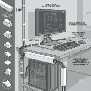 Versatile application of the tv kabelhalter set komplett for managing PC and monitor cables on a desk.