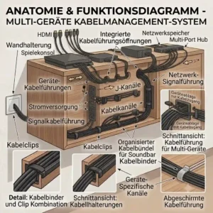 Illustration of a gaming console and soundbar organized via a tv stand kabelmanagement system.
