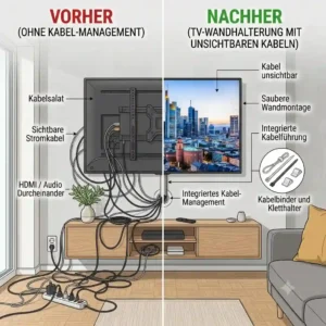 Side-by-side comparison illustrating a messy setup versus a clean tv wandhalter kabel unsichtbar installation.
