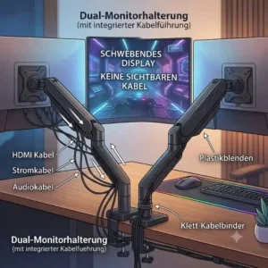 Detail view of a monitor arm with integrated channels concealing all video and power cables for a clean gaming setup kabelmanagement.