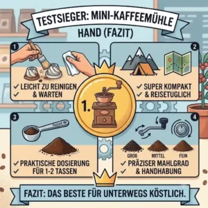 A final verdict banner featuring the top-rated model award badge for the mini kaffeemühle hand test.