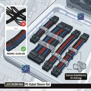 Kabelmanagement auf der Gehäuserückseite mit fixierten Kabeln eines PC-Kabel-Sleeve-Sets für einen sauberen Airflow.