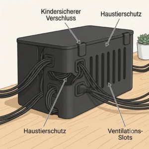 Verschlossene PC Kabelbox mit Belüftung als Schutz vor Kindern und Haustieren.