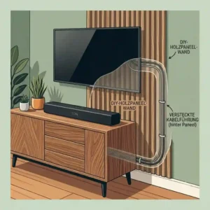 A stylish soundbar cable hidden diy wood panel accent wall covering all connectivity.