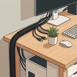 Order at the workplace thanks to a TV Kabelschutz Schlauch for PC and monitor cables under the desk.