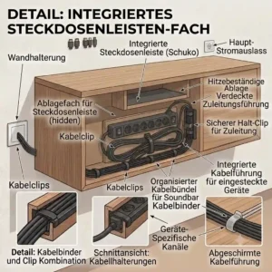 Dedicated power strip compartment inside a tv stand kabelmanagement system.